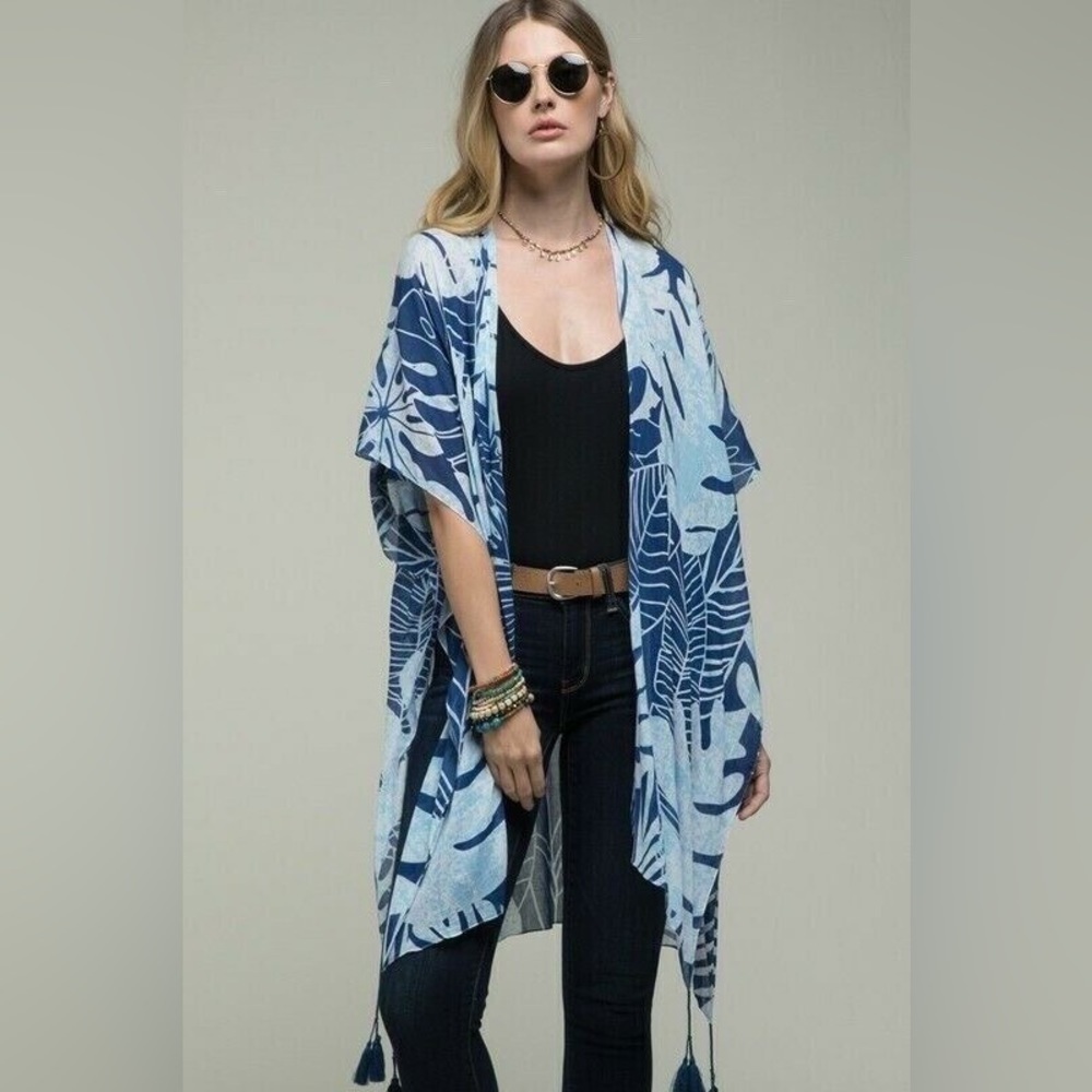 Women's Tropical Leaf Kimono Blue Cover Up One Size - Picture 2 of 5